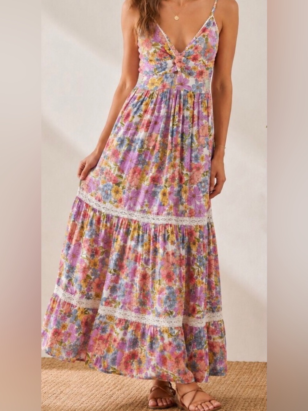 Angie Spaghetti Strap V-Neck Floral Maxi Dress with Center Cutout.